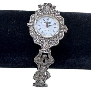 Vintage Gitano Art Deco Marcasite Quartz Watch Fancy Metalwork & Roman Numerals